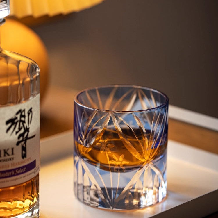 Bule Flowers Edo Kiriko Whiskey Glass