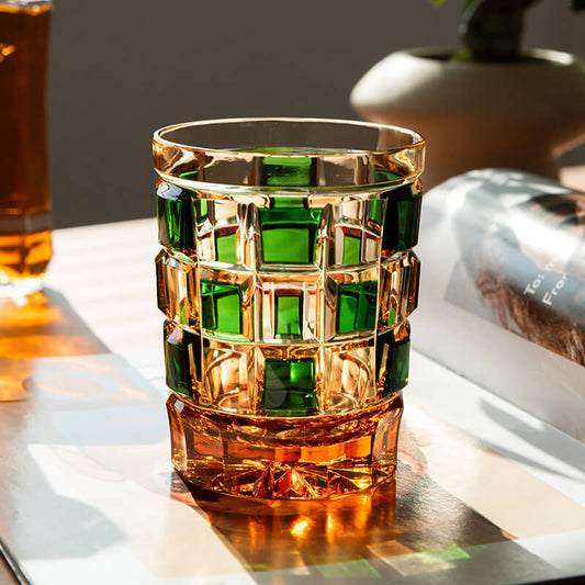 Edo Kiriko Green Amber Grid Hand-Cut Whisky Glass