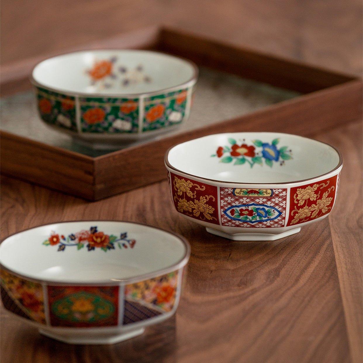 Japanese Mino Ware Court Dyed Brocade Octagonal Bowls Set – A Tapestry of Tradition