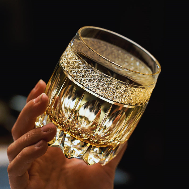 Edo Kiriko Handcrafted Amber Celestial Whisky Glass With Wooden Box