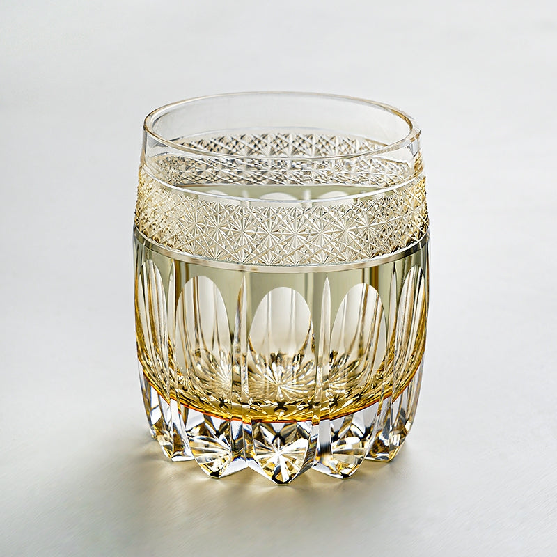 Edo Kiriko Handcrafted Amber Celestial Whisky Glass – A Golden Glow of Cosmic Grandeur