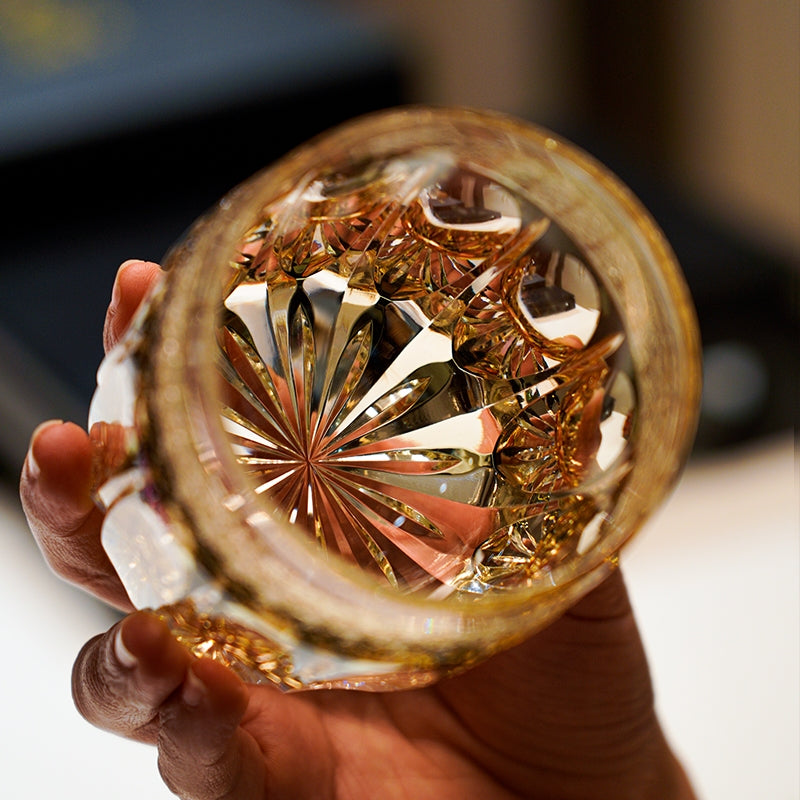 Edo Kiriko Handcrafted Amber Celestial Whisky Glass – A Golden Glow of Cosmic Grandeur