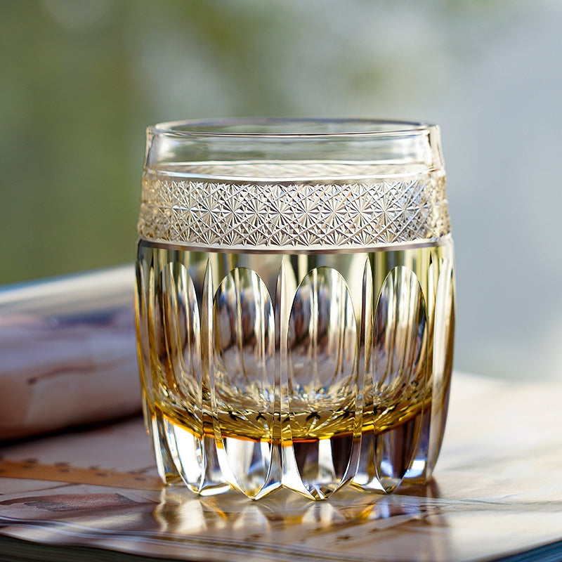 Edo Kiriko Handcrafted Amber Celestial Whisky Glass – A Golden Glow of Cosmic Grandeur