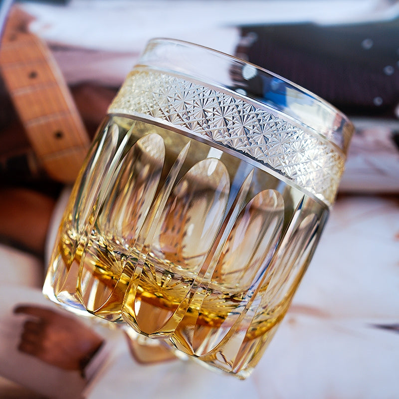 Edo Kiriko Handcrafted Amber Celestial Whisky Glass – A Golden Glow of Cosmic Grandeur