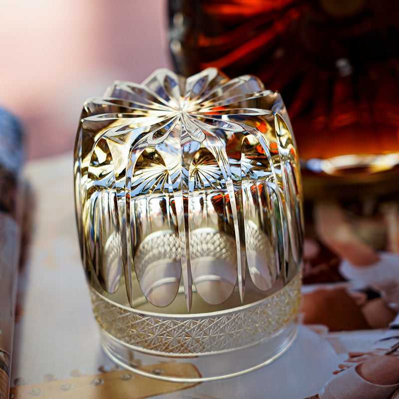 Edo Kiriko Handcrafted Amber Celestial Whisky Glass – A Golden Glow of Cosmic Grandeur