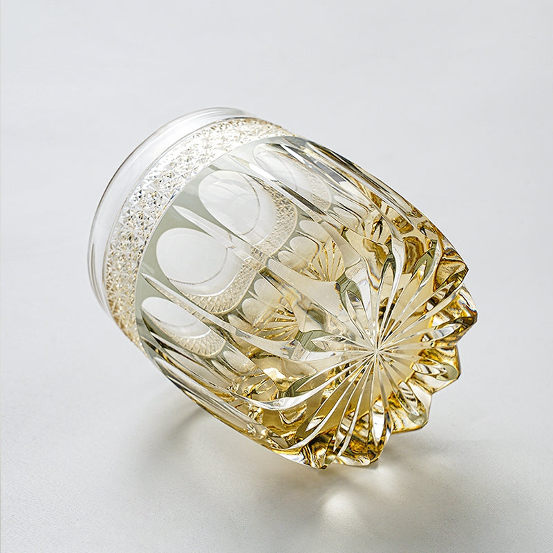 Edo Kiriko Handcrafted Amber Celestial Whisky Glass With Wooden Box