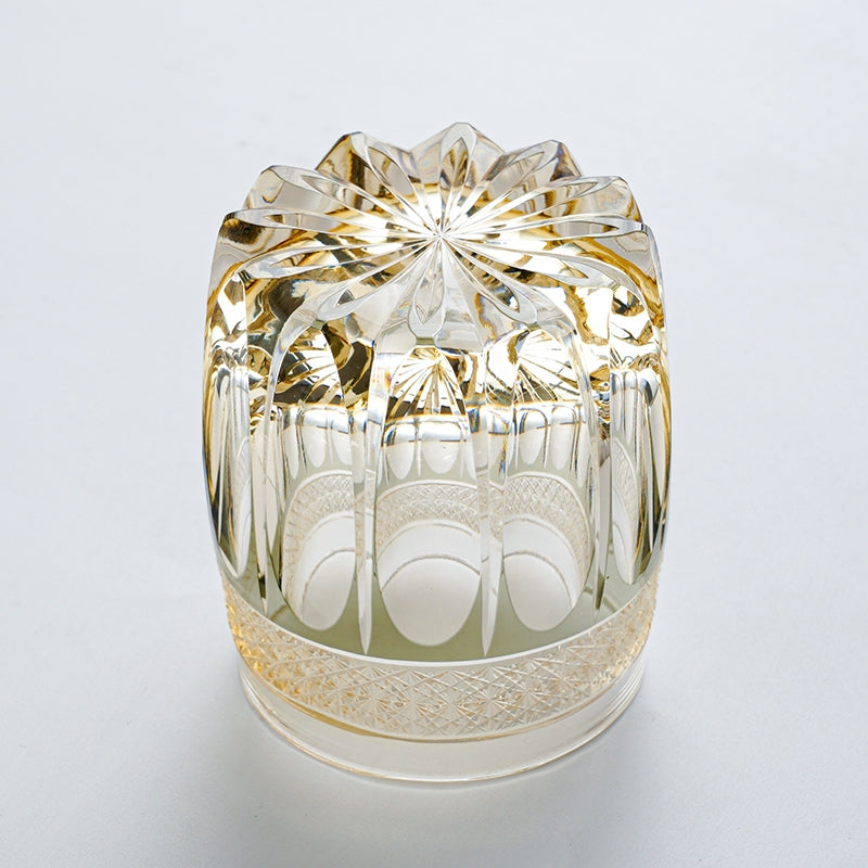 Edo Kiriko Handcrafted Amber Celestial Whisky Glass – A Golden Glow of Cosmic Grandeur