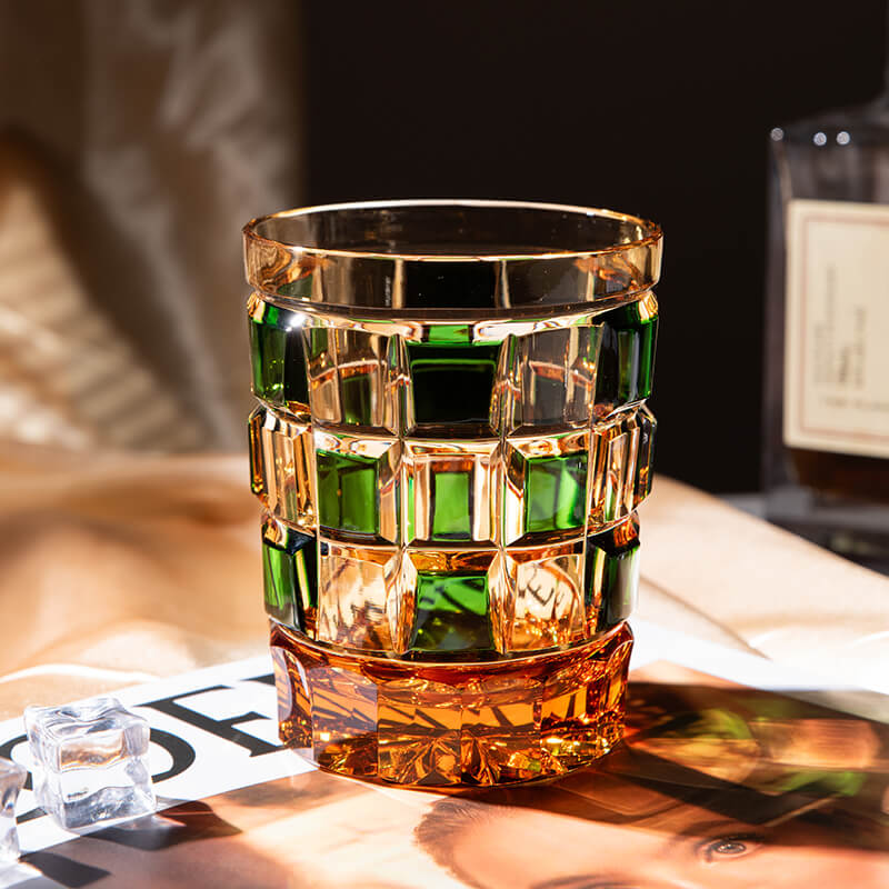 Edo Kiriko Green Amber Grid Hand-Cut Whisky Glass