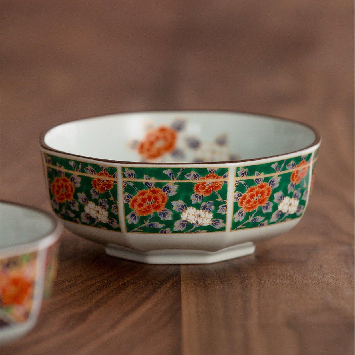 Japanese Mino Ware Court Dyed Brocade Octagonal Bowls Set – A Tapestry of Tradition