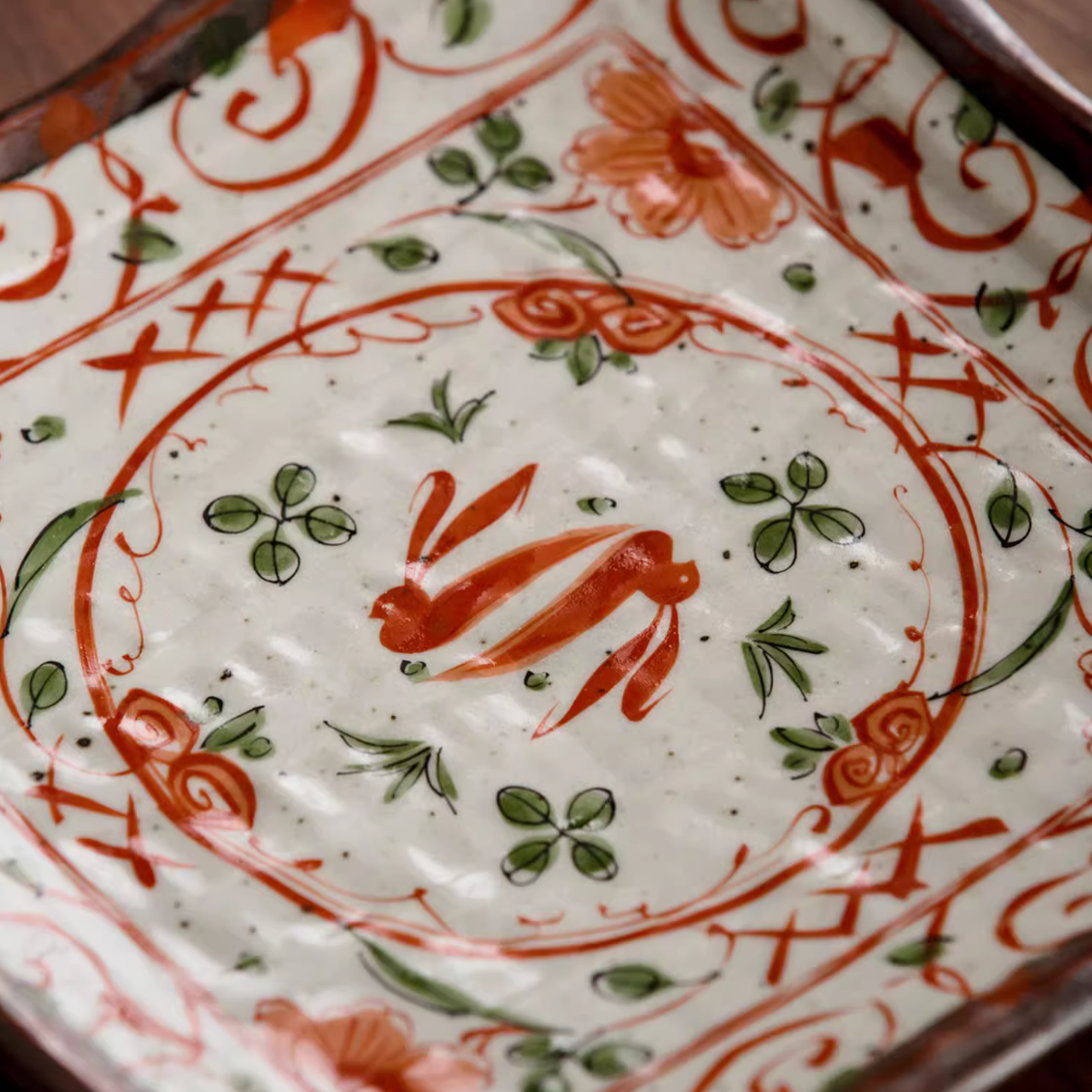 Authentic Mino-yaki Akai Rabbit Motif Large Platter