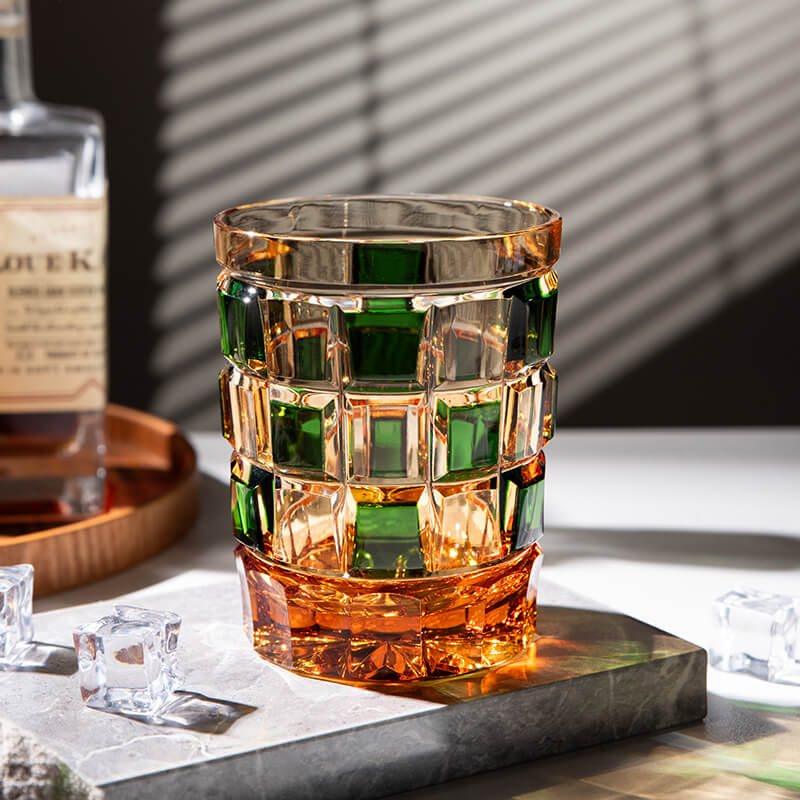 Edo Kiriko Green Amber Grid Hand-Cut Whisky Glass