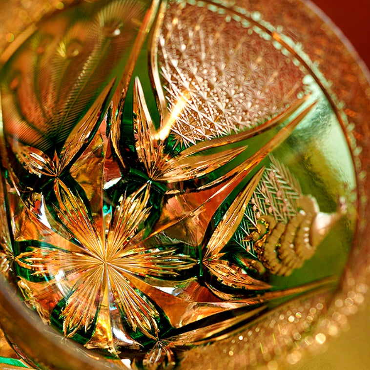 Edo Kiriko Emerald Peacock Hand-Cut Whisky Glass