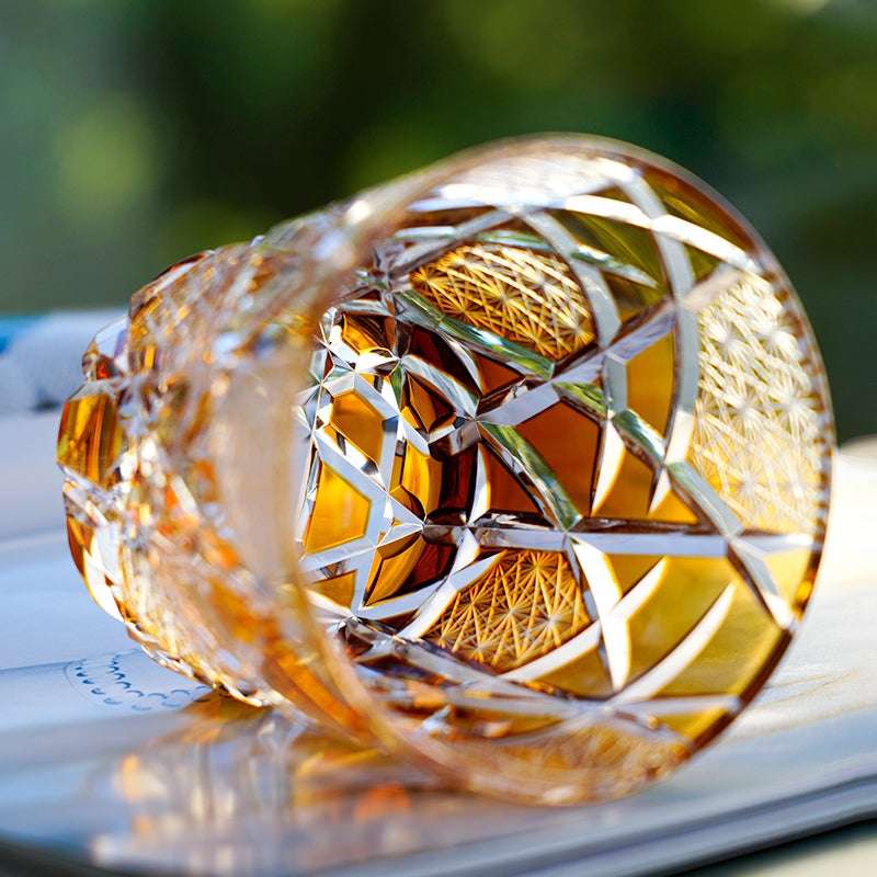 Edo Kiriko Amber Crane Lightning Hand-Cut Whisky Glass