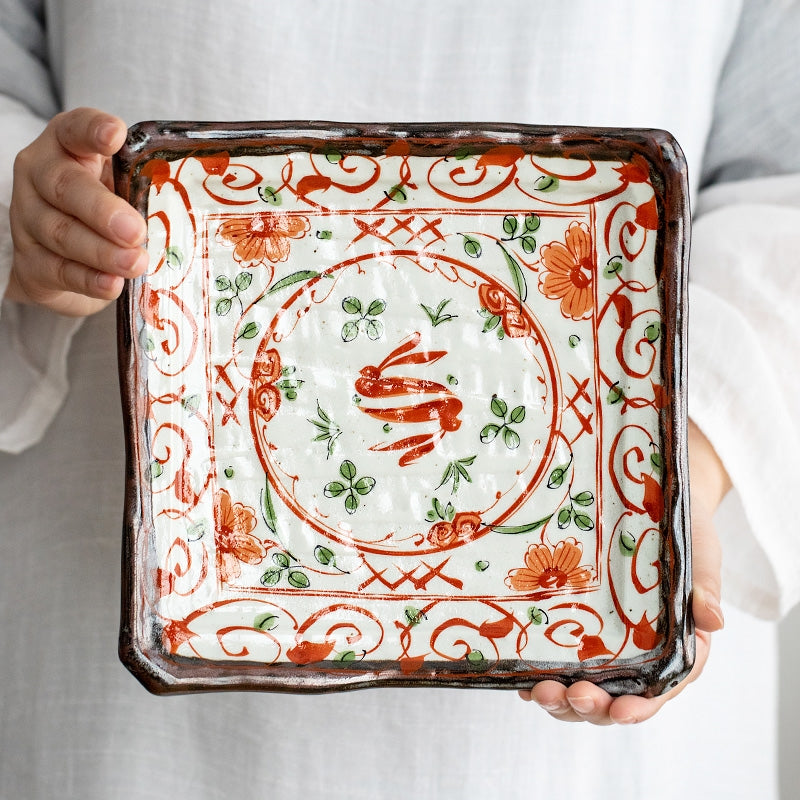 Mino Ware Akae Red Blossom Butterfly Dish Collection