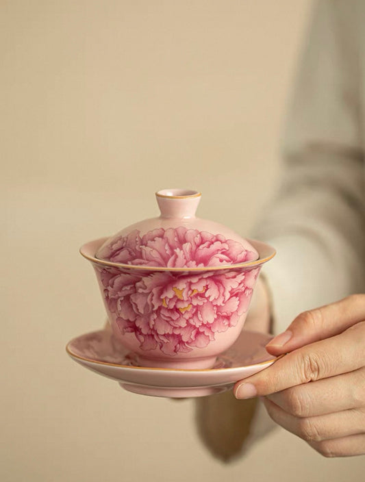 Pink Ru Ware Peony Elegance Sancai Gaiwan
