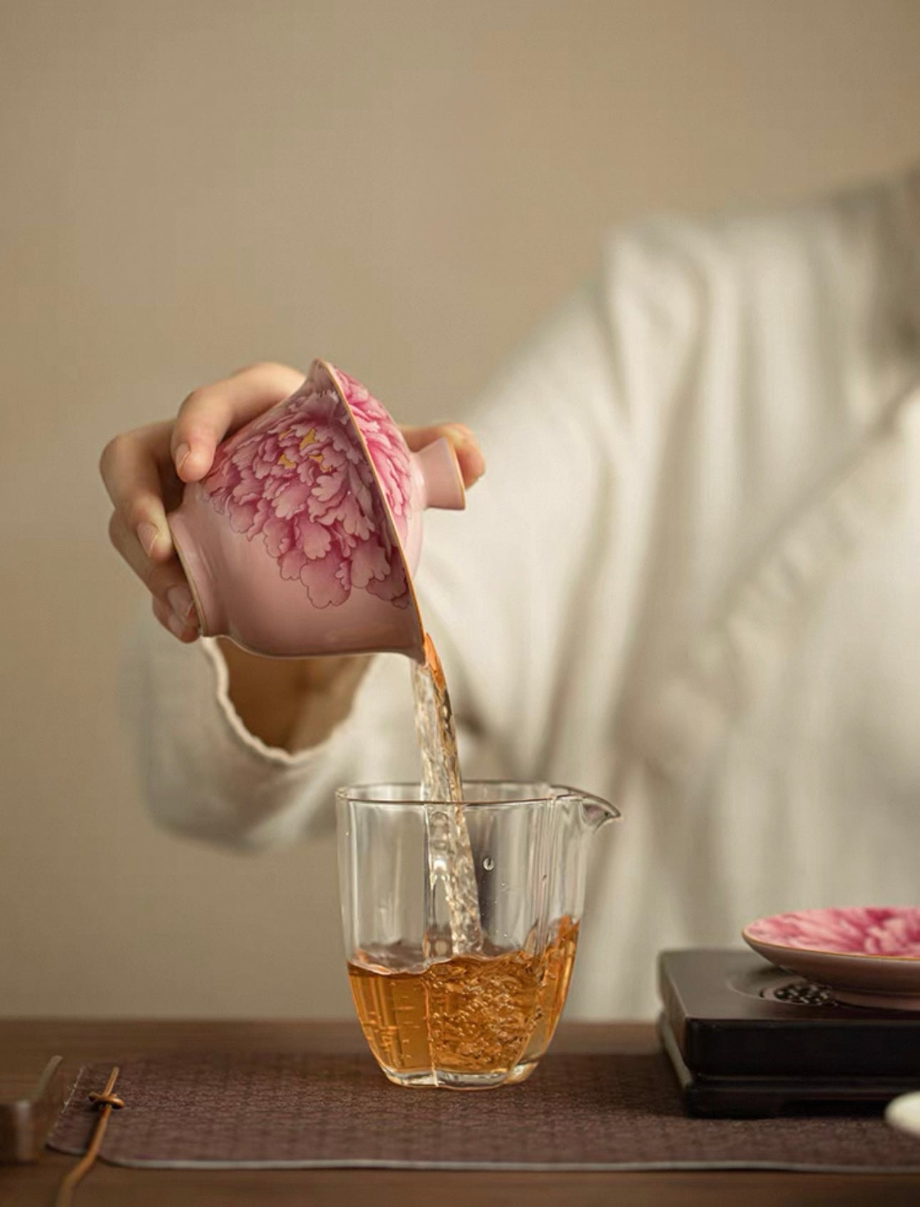 Pink Ru Ware Peony Elegance Sancai Gaiwan