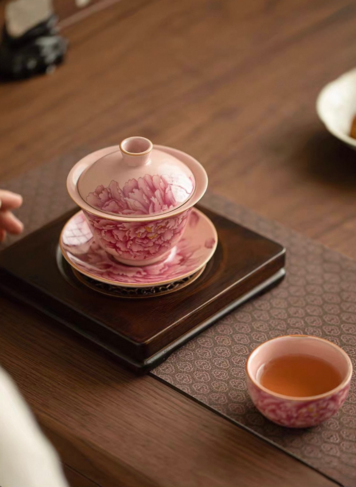 Pink Ru Ware Peony Elegance Sancai Gaiwan