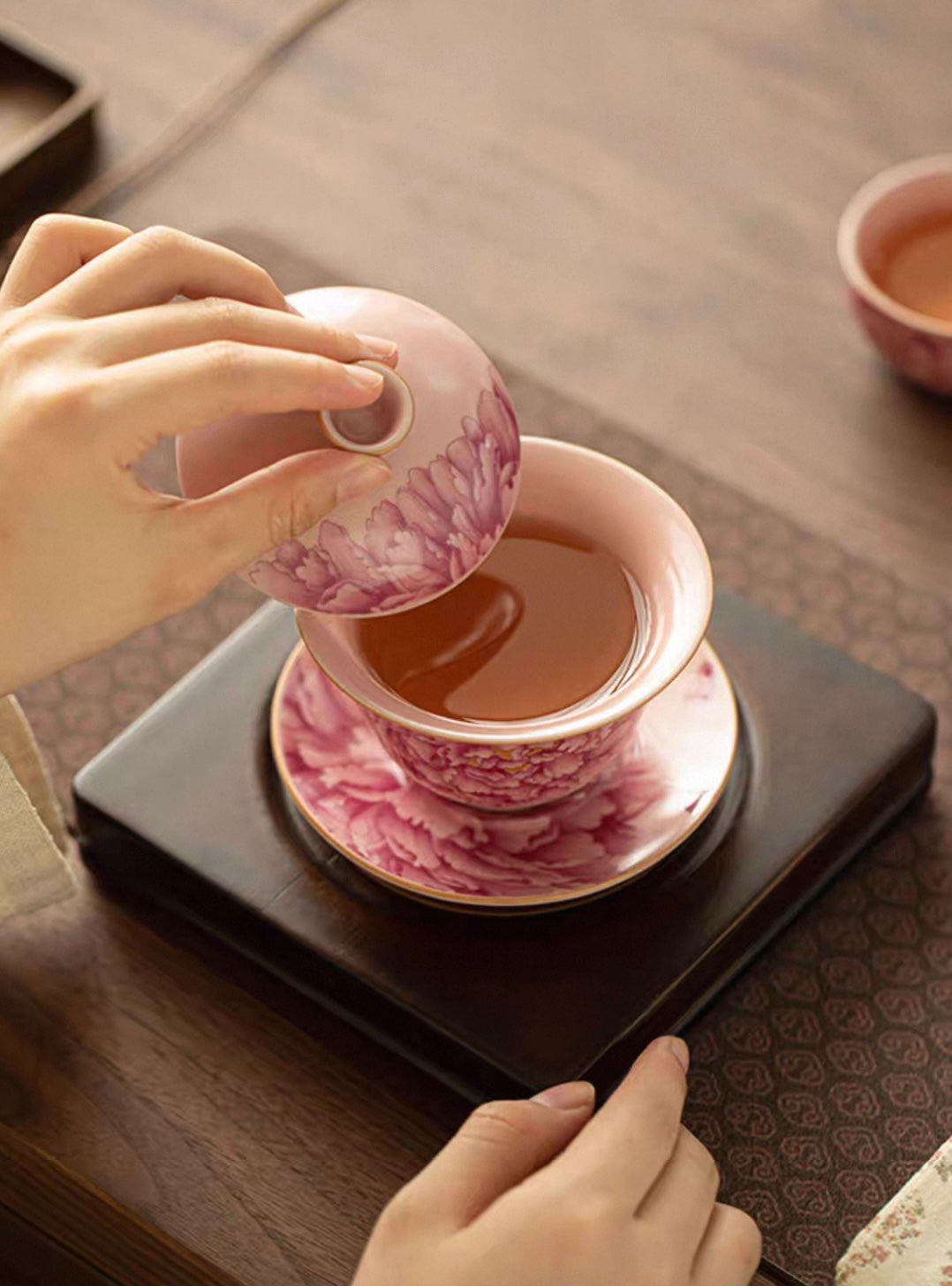 Pink Ru Ware Peony Elegance Sancai Gaiwan