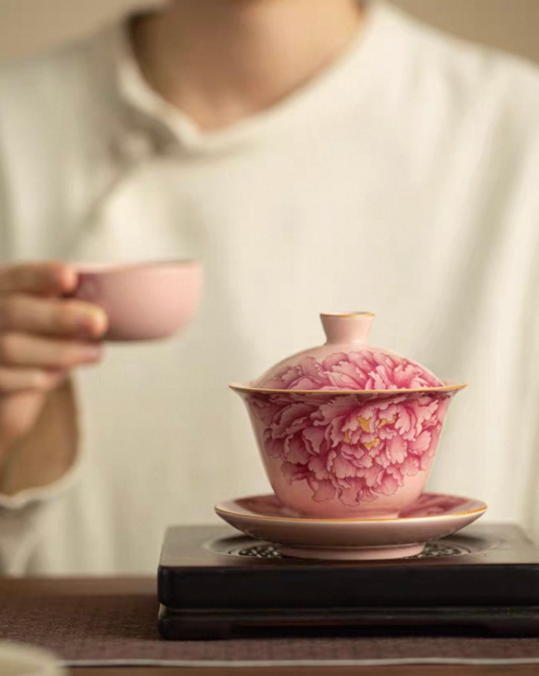 Pink Ru Ware Peony Elegance Sancai Gaiwan