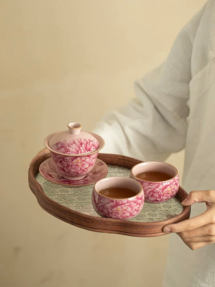Pink Ru Ware Peony Elegance Sancai Gaiwan