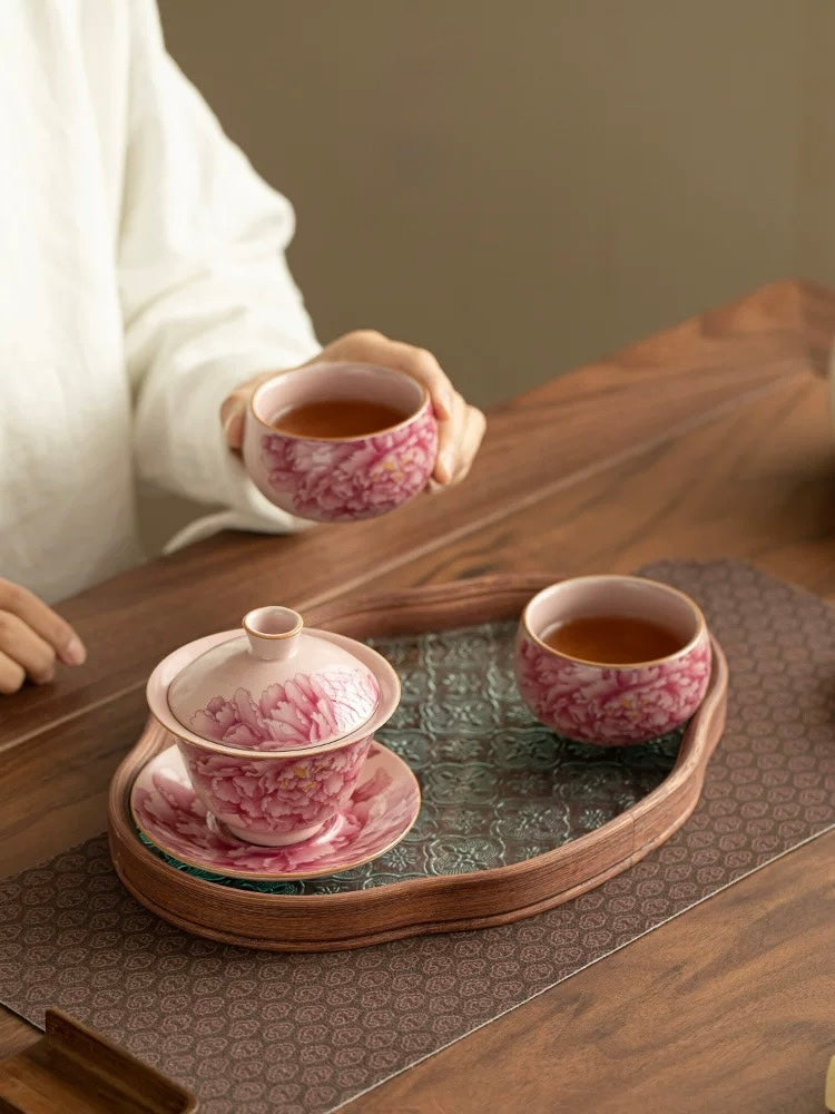 Pink Ru Ware Peony Elegance Sancai Gaiwan