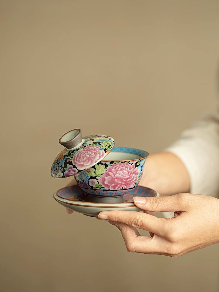 Imitation Song Ru Ware Blooming Prosperity Yuanbao Sancai Floating Gaiwan