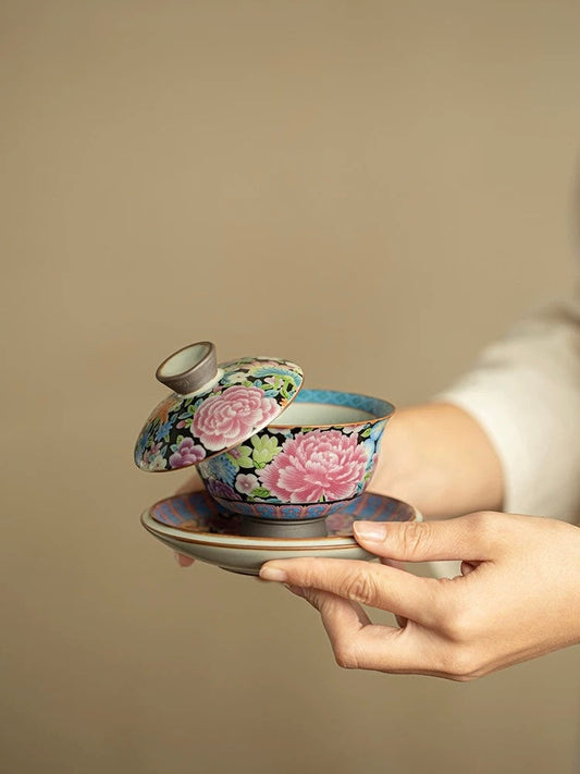 Imitation Song Ru Ware Blooming Prosperity Yuanbao Sancai Floating Gaiwan