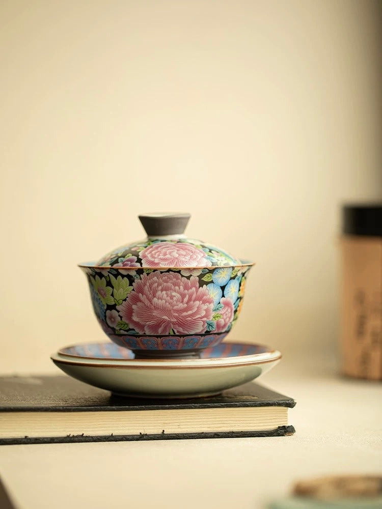 Imitation Song Ru Ware Blooming Prosperity Yuanbao Sancai Floating Gaiwan
