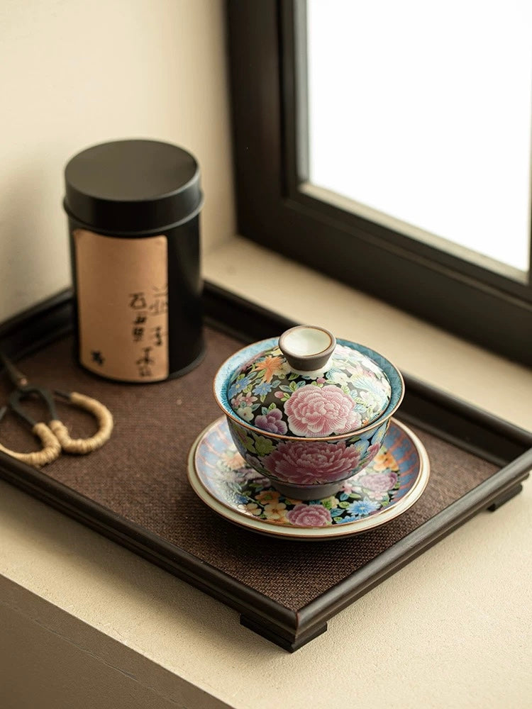 Imitation Song Ru Ware Blooming Prosperity Yuanbao Sancai Floating Gaiwan