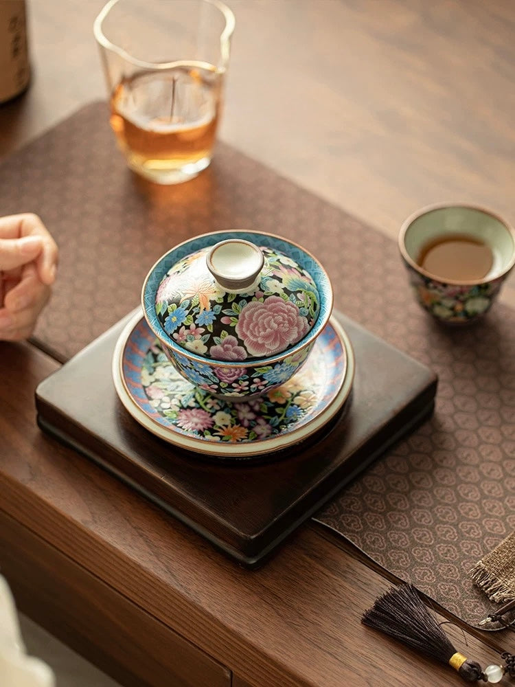 Imitation Song Ru Ware Blooming Prosperity Yuanbao Sancai Floating Gaiwan