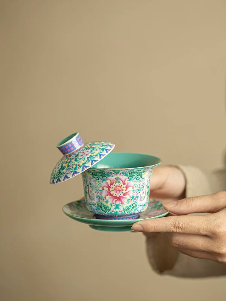 Turquoise Green Enamel Intertwining Lotus Floating Sancai Gaiwan