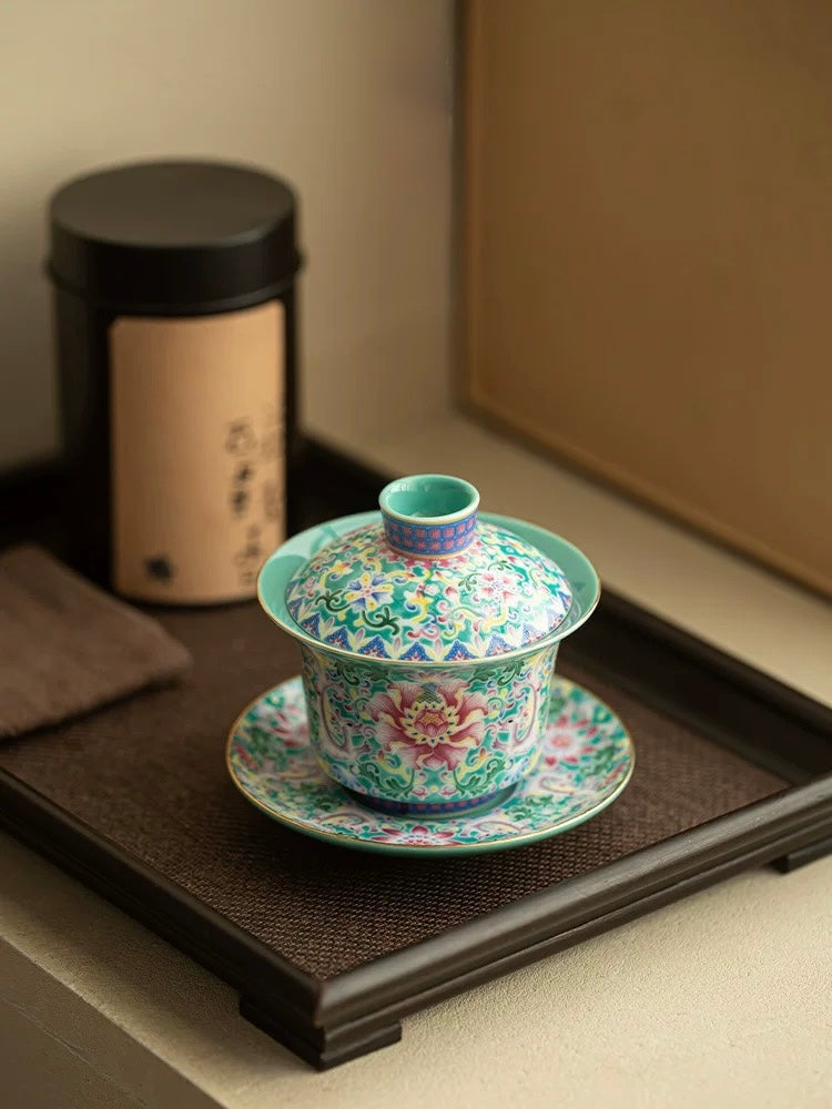 Turquoise Green Enamel Intertwining Lotus Floating Sancai Gaiwan