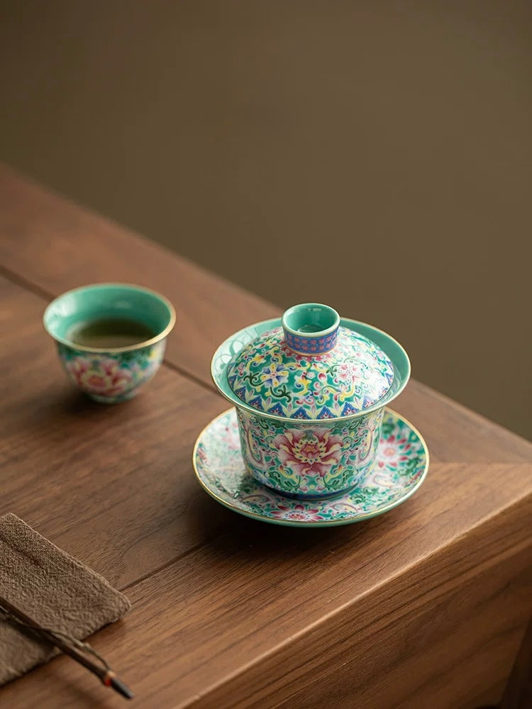 Turquoise Green Enamel Intertwining Lotus Floating Sancai Gaiwan