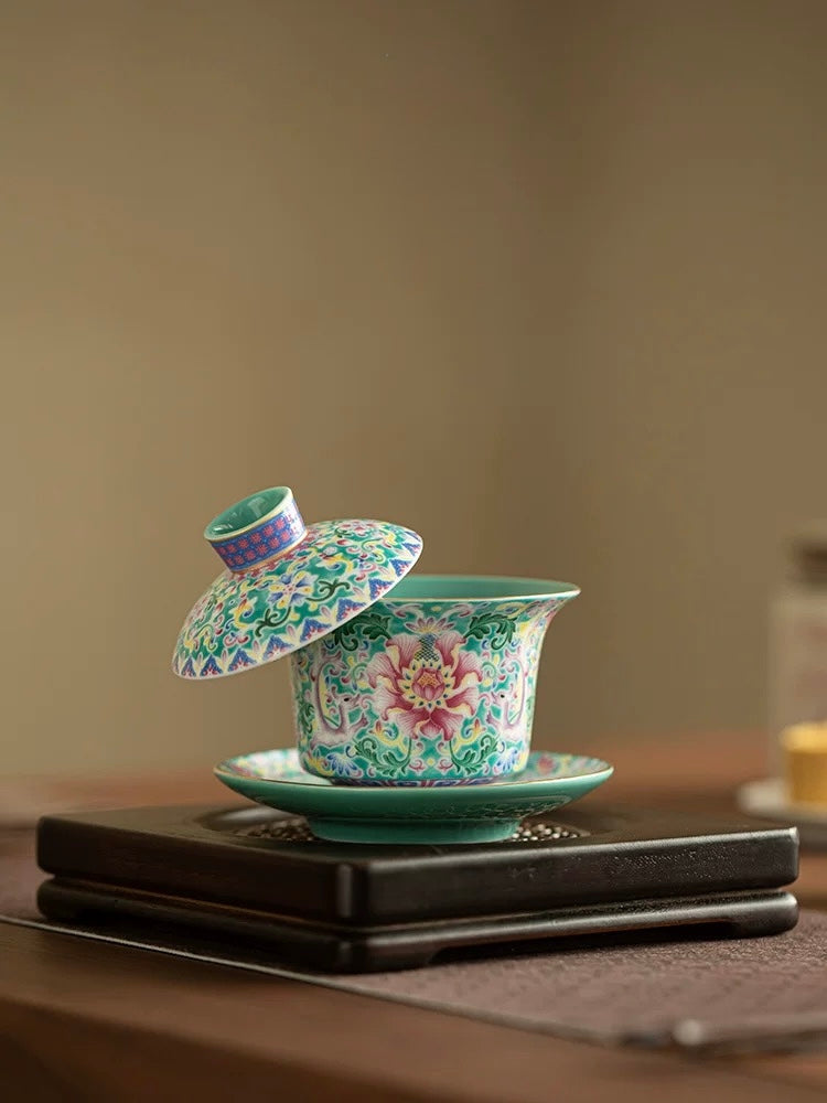 Turquoise Green Enamel Intertwining Lotus Floating Sancai Gaiwan