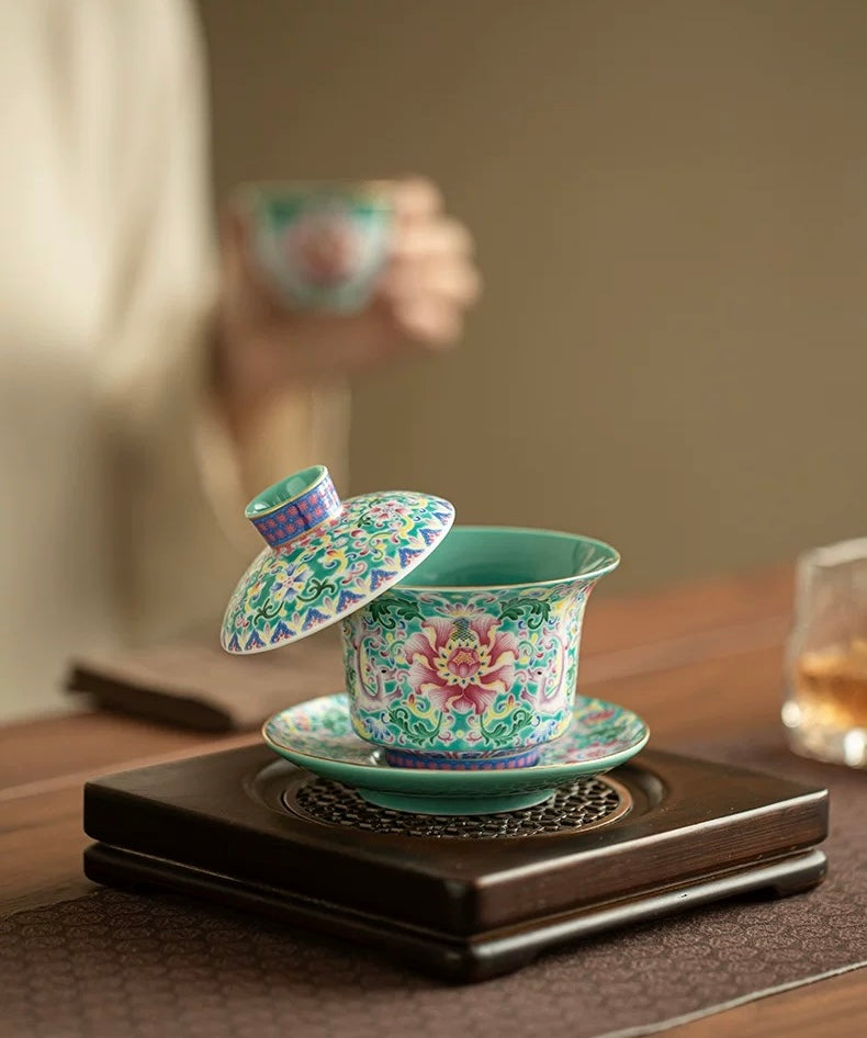 Turquoise Green Enamel Intertwining Lotus Floating Sancai Gaiwan
