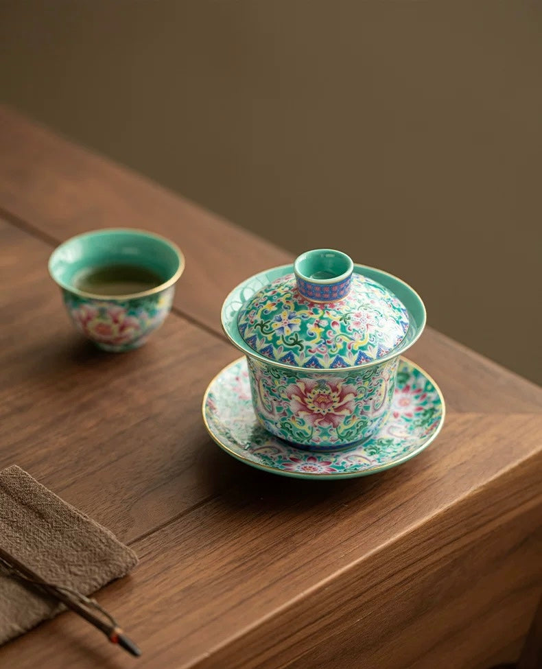 Turquoise Green Enamel Intertwining Lotus Floating Sancai Gaiwan