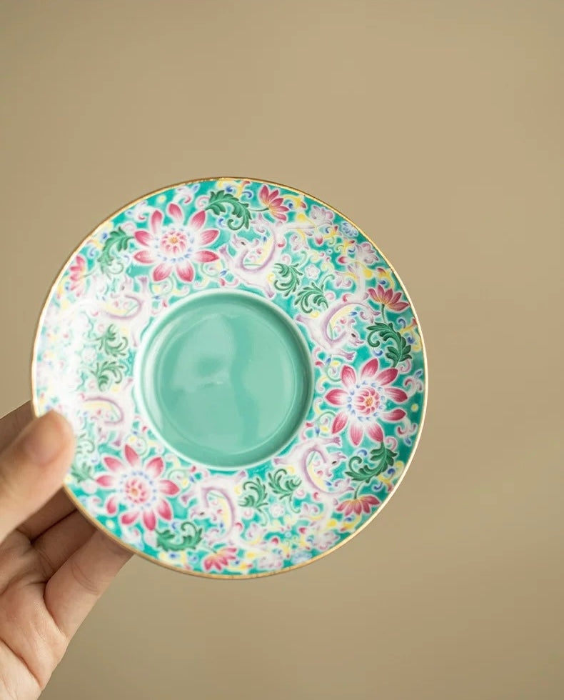 Turquoise Green Enamel Intertwining Lotus Floating Sancai Gaiwan