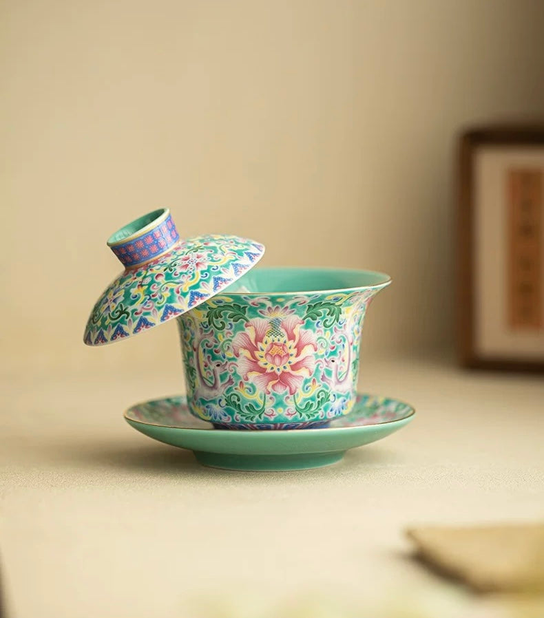 Turquoise Green Enamel Intertwining Lotus Floating Sancai Gaiwan