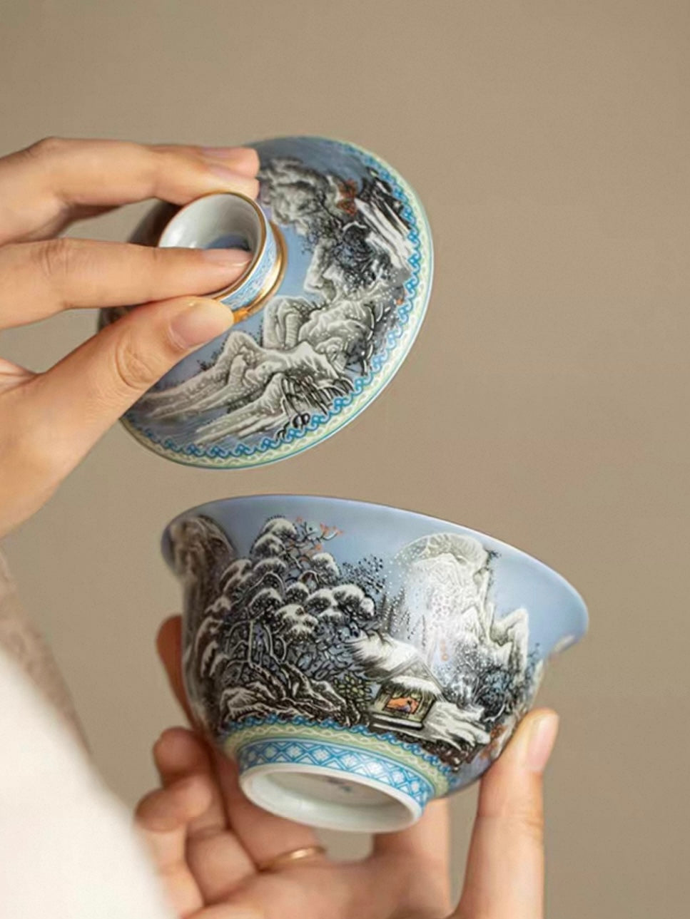 Enamelware Winter Snow Scene Anti-Scald Sancai Gaiwan