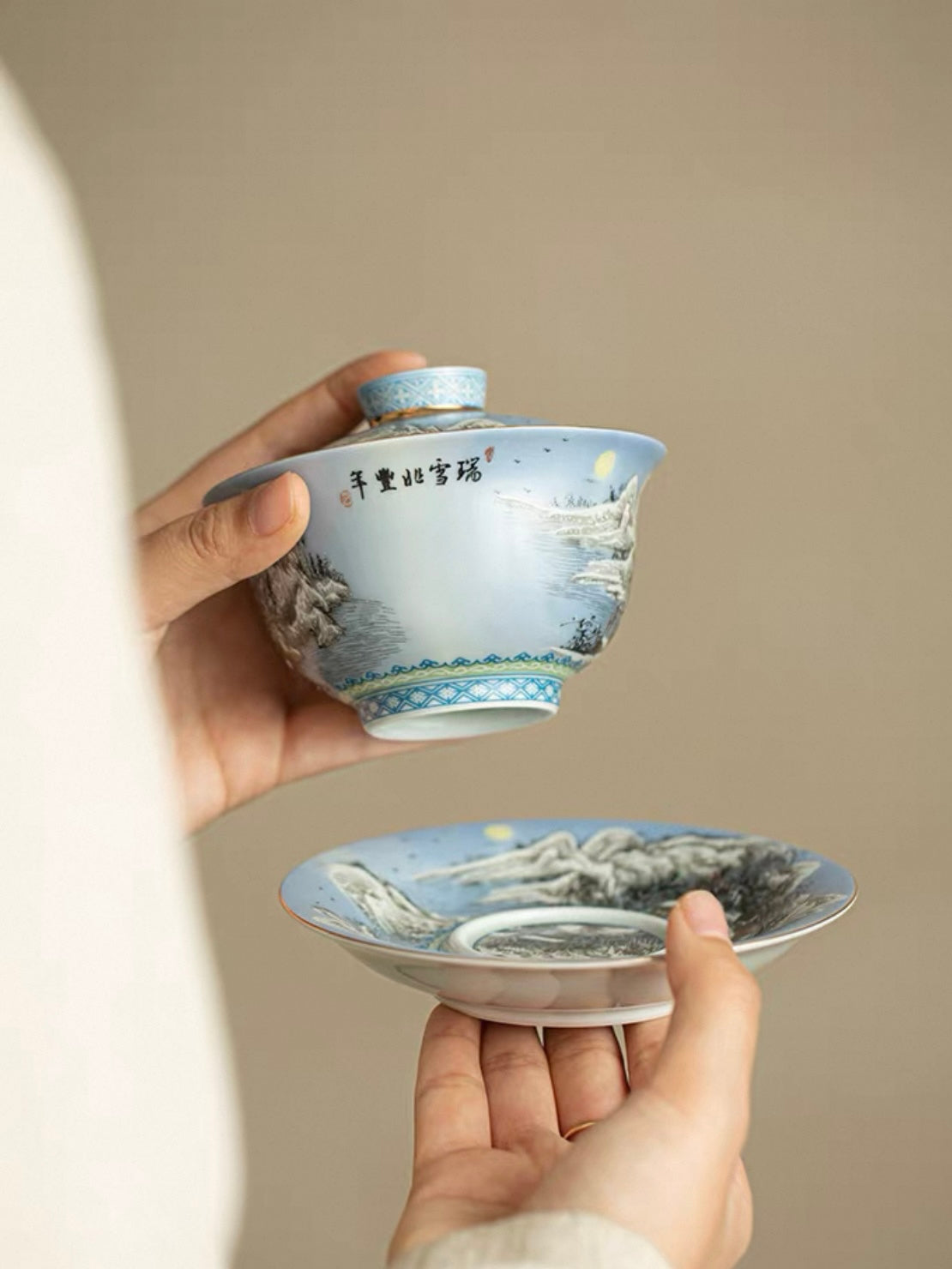 Enamelware Winter Snow Scene Anti-Scald Sancai Gaiwan