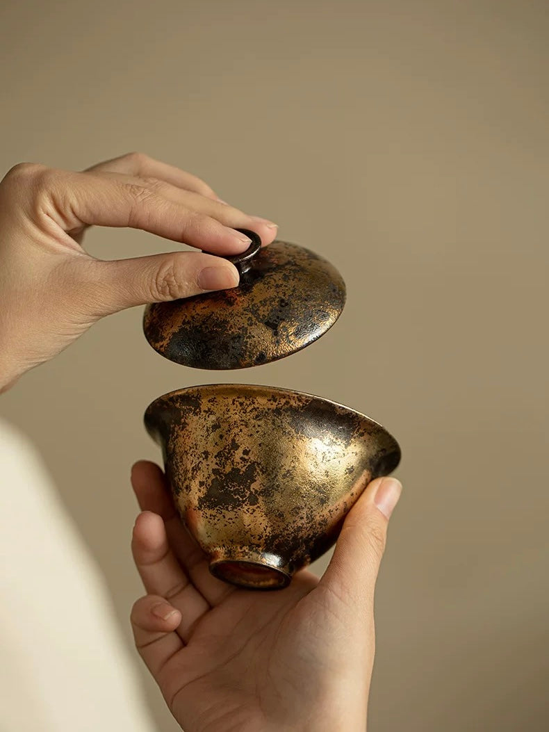 Shino-Style Gilded Green Grain Two-Piece Gaiwan