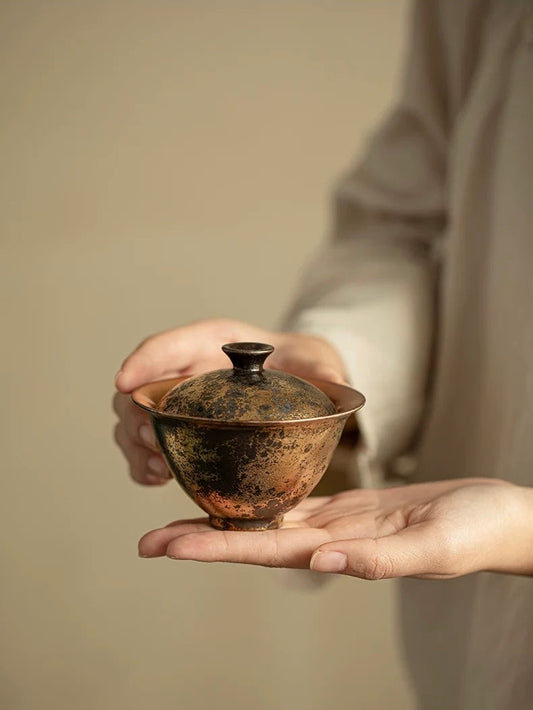 Shino-Style Gilded Green Grain Two-Piece Gaiwan