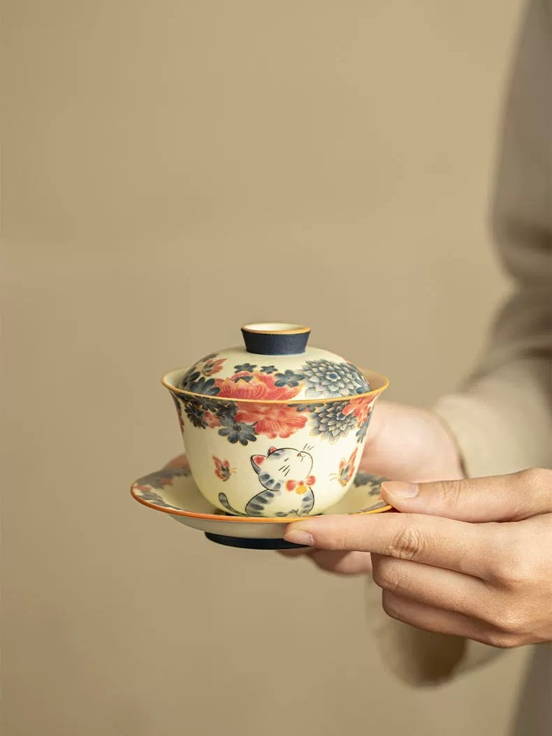 Hand-Painted Cats in the Garden Sancai Gaiwan