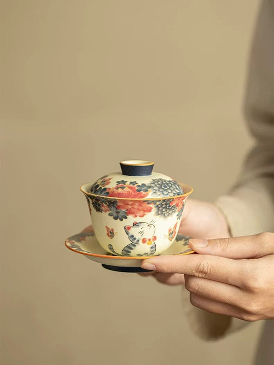 Hand-Painted Cats in the Garden Sancai Gaiwan