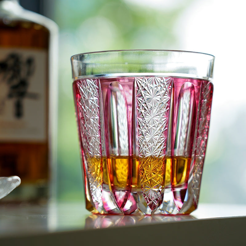 Edo Kiriko Handcrafted Ruby Agave Whisky Glass – A Desert Bloom of Fiery Brilliance