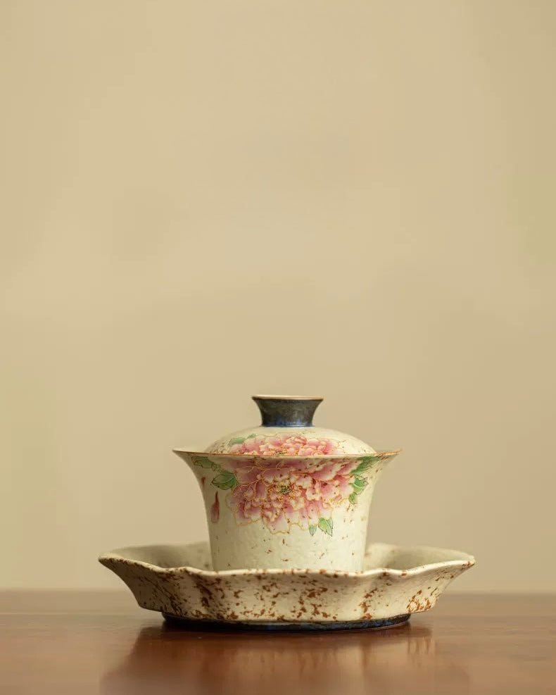 Golden Thread Peony Flint-Red Sancai Gaiwan