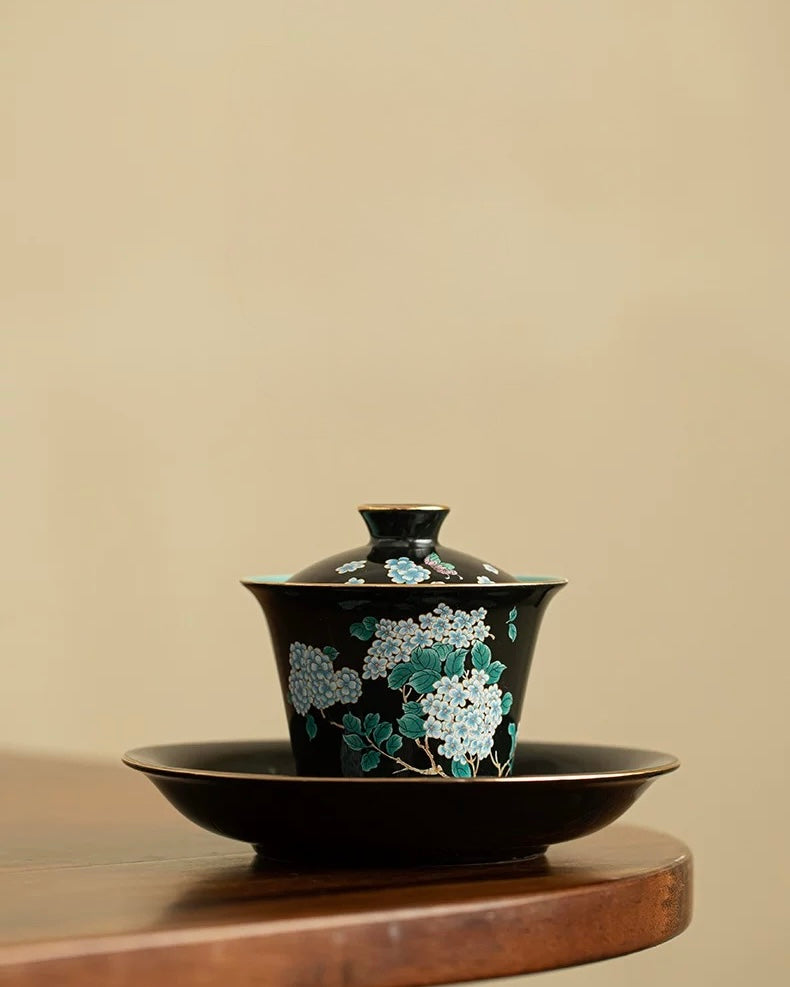 Black Glaze Midnight Hydrangea Sancai Gaiwan