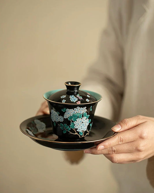 Black Glaze Midnight Hydrangea Sancai Gaiwan