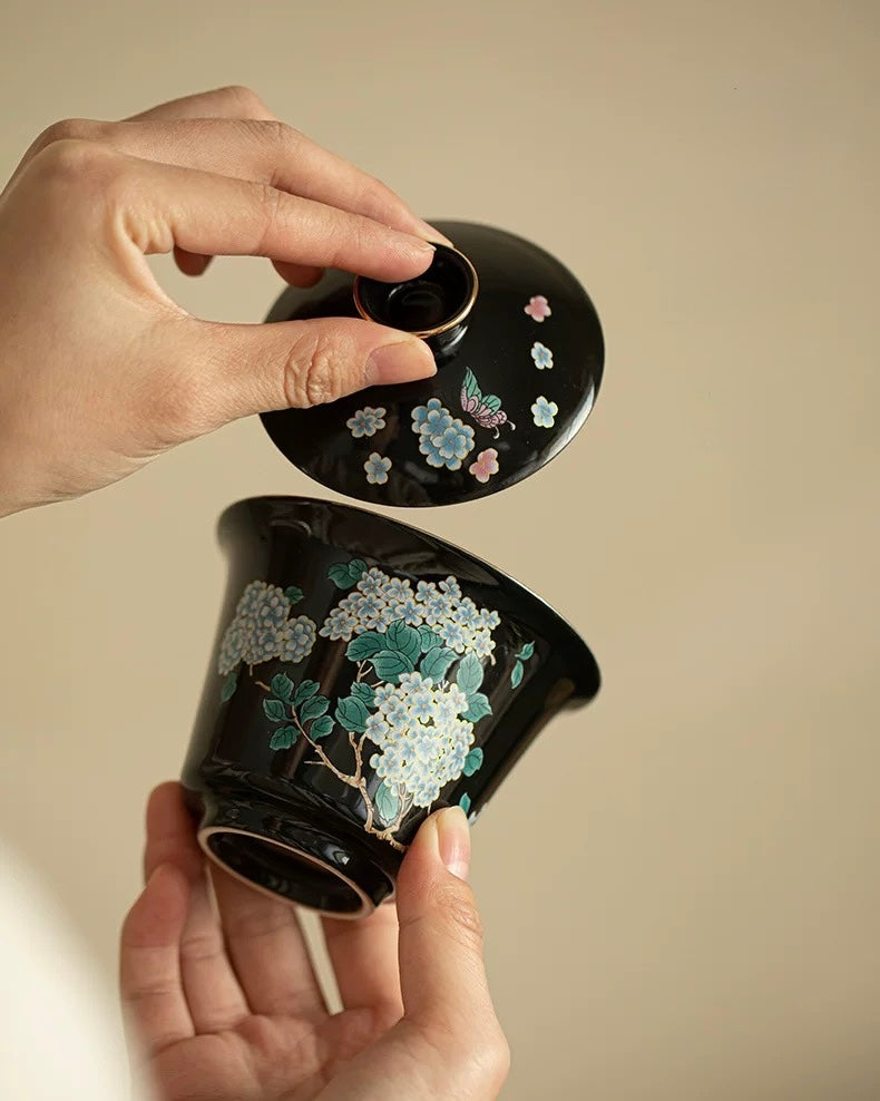 Black Glaze Midnight Hydrangea Sancai Gaiwan