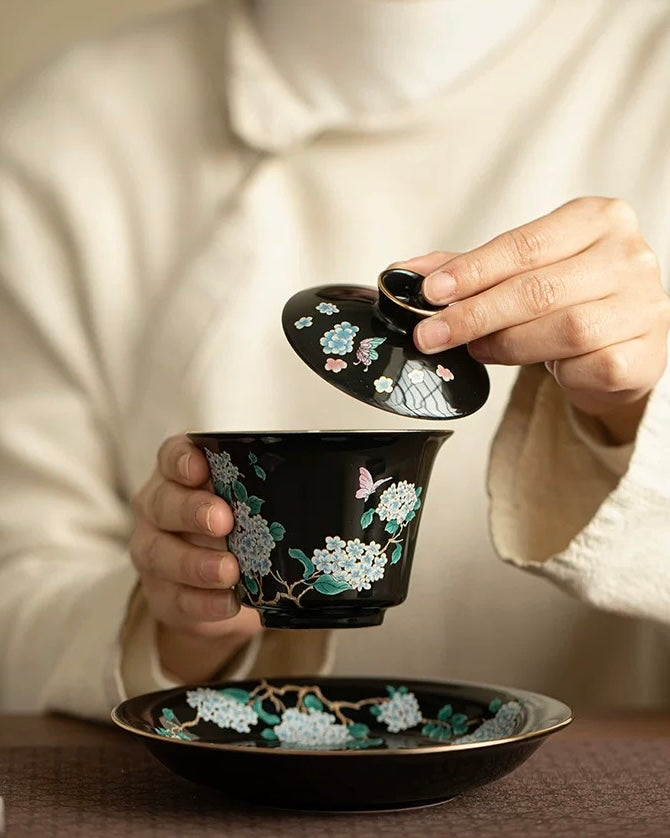 Black Glaze Midnight Hydrangea Sancai Gaiwan